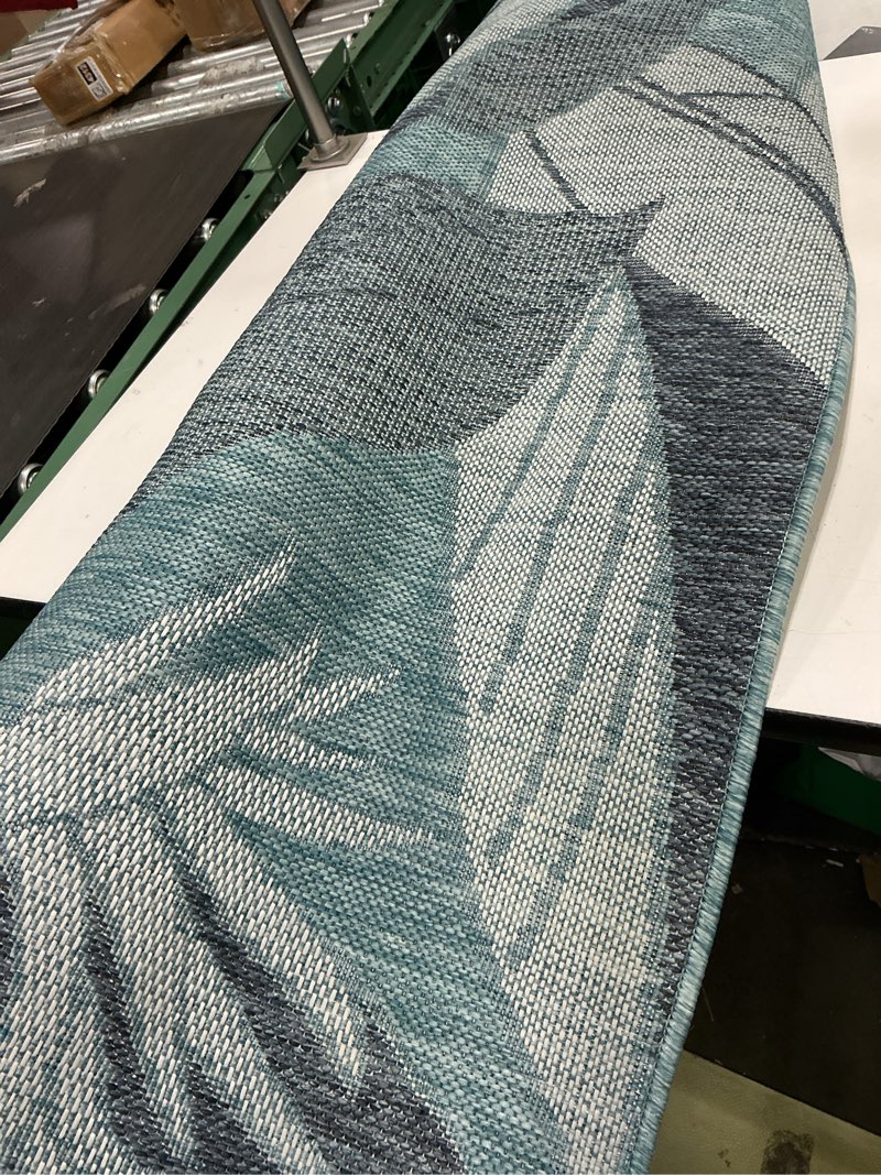 Condition photo showing Good Condition for allen + roth teal palm 5 x 7 (ft) loomed polypropylene blue rectangular indoor/outdoor floral/botanical tropical hose washable pet friendly area rug