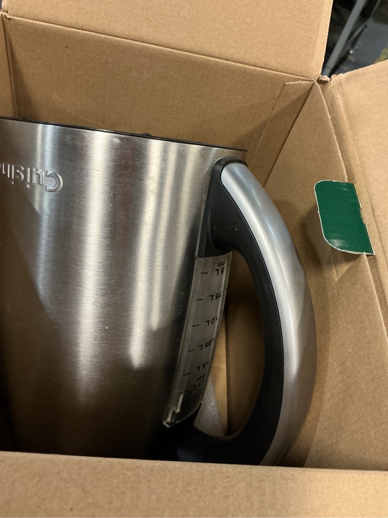 Condition photo showing As Is for cuisinart perfectemp 1.7-liter electric kettle, cordless electric tea kettle, 1500w for fast heat-up, 6 preset temperatures, 30-minute keep warm, stay cool nonslip handle, cpk-17p1 stainless steel perfectemp