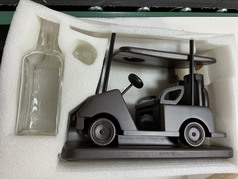 Condition photo showing As Is for the wine savant mahogany whiskey decanter - golf gifts for men & women (600ml) golf cart decanter