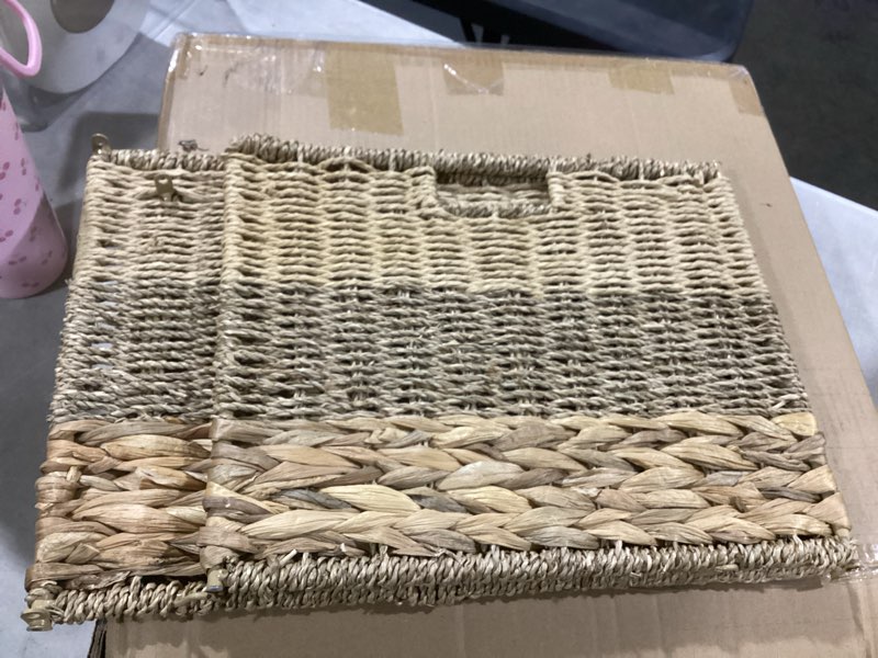 Condition photo showing As Is for (similar to )best choice products 10.5x10.5in pack of 5 cube storage baskets, water hyacinth multipurpose collapsible organizers, handwoven laundry totes for laundry, living room, kids room & nursery - natural 10.5x10.5in natural