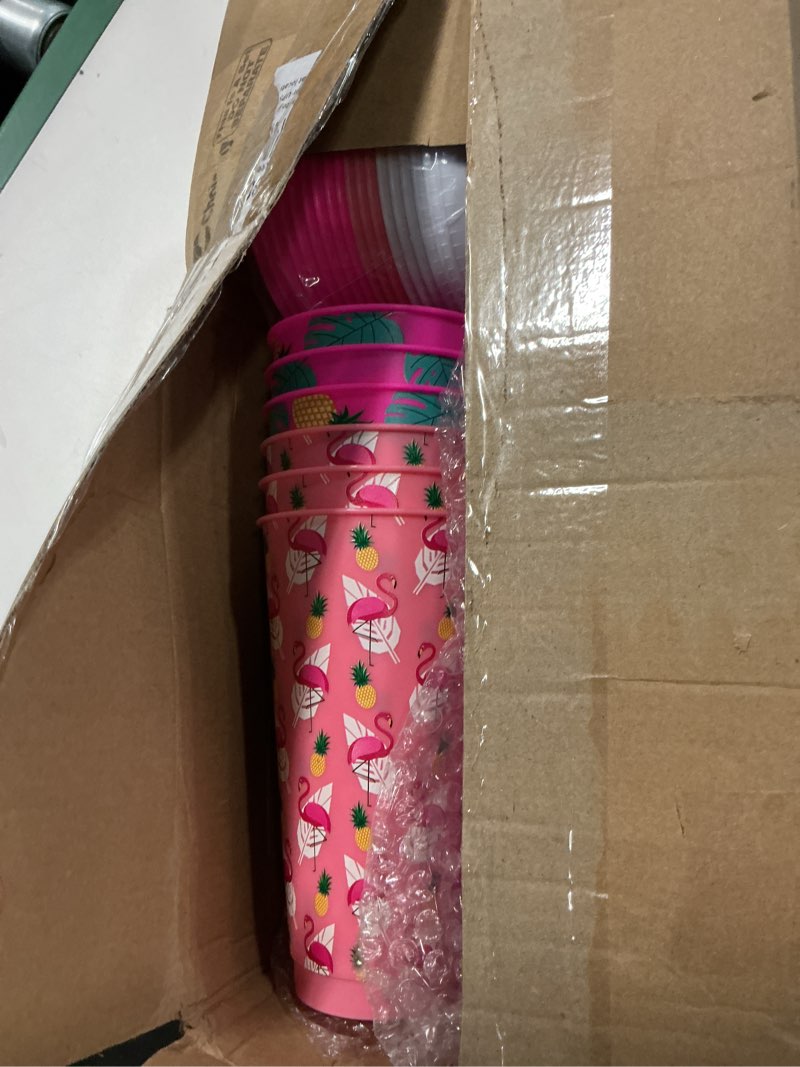Condition photo showing New/Like New for cholemy 24 pcs 24 oz flamingo plastic cups with lids and straws flamingo party favor reusable drinking tumblers bulk for juice water coffee tea birthday party supplies