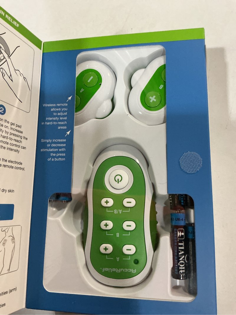 Condition photo showing New/Like New for accurelief wireless tens unit with remote control, tens pain relief device and muscle stimulator, for back pain, neck pain, arm and leg pain