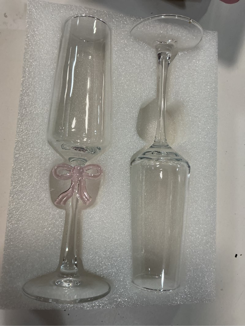 Condition photo showing Good Condition for 8 oz champagne glasses set of 2, lead-free ultra-clear crystal flutes with reinforced stems & romantic pink bow, elegant toasting glasses for weddings, engagements, anniversaries & special occasions 8oz