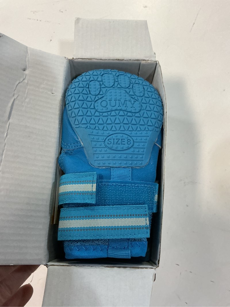 Condition photo showing Good Condition for QUMY 4PCS Dog Boots for Large Dogs, Medium Dog Shoes & Paw Protectors for Hot Pavement, Summer Heat Protection, Mesh Breathable Nonslip Dog Booties for Hardfloors, Walking Running Hiking Blue Size 8 Blue Size 8: 3.0''x3.5"(W*L) for 74-88 lbs