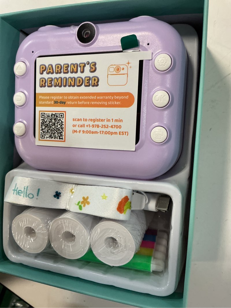 Condition photo showing New/Like New for instant camera, front rear dual selfie kids camera with 1080p videos, holiday birthday gifts for kids age 3-12, toddler portable travel print digital camera toy for 4 5 6 7 8 9 year boys girls purple