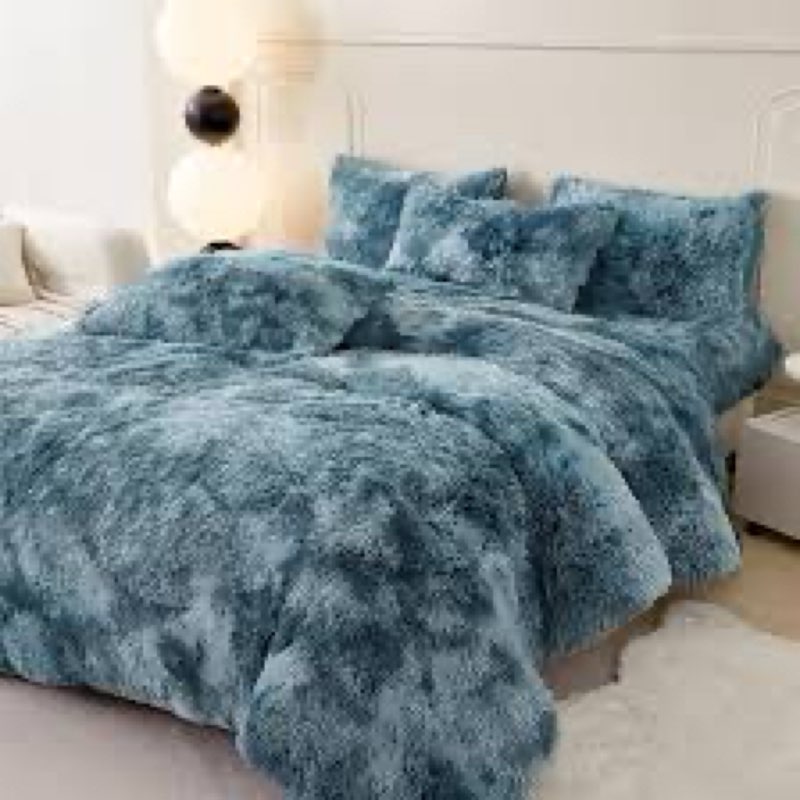 Wonderful 3 Pieces Fluffy Faux Rabbit Fur Bubble Comforter Set King Size, Tie-Dyeing Dark Teal Plush