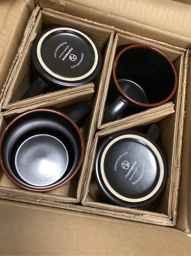 Condition photo showing New/Like New for famiware coffee mugs set of 4, nebula 14oz coffee mugs, ceramic cup set with handle for latte, tea, milk, cappuccino, cocoa, matte black 4pcs matte black