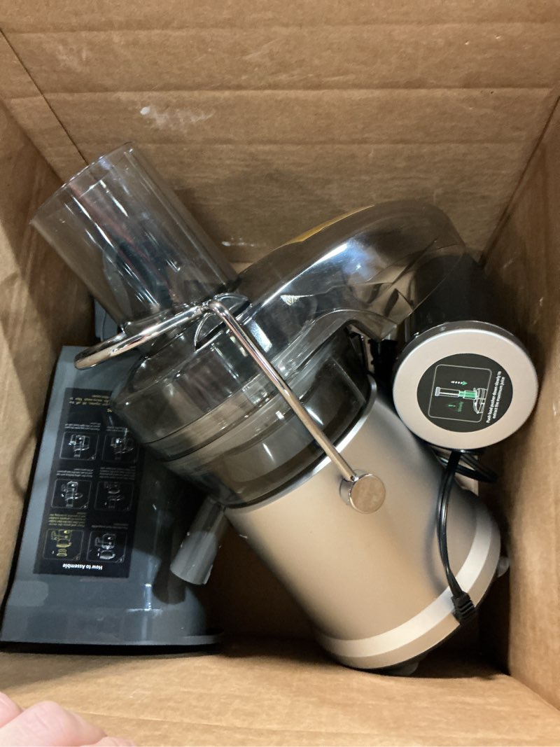 Condition photo showing As Is for gdor 1200w juicer, 3.2" wide chute, titanium-enhanced blade, heavy-duty copper motor, dual speed centrifugal juice extractor, bpa-free, silver