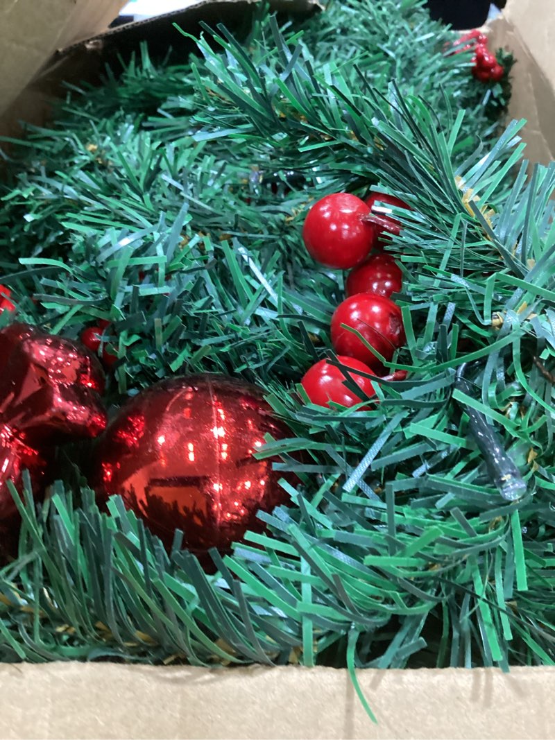Condition photo showing As Is for MorTime 4 Pack 9 FT LED Christmas Garland with Pinecones Red Berries Bows Christmas Balls Candies, Multi-Function Christmas Garland with 50 Warm White LED Lights, 180 Branch Tips 4PACK 9 FT LED Christmas Garland