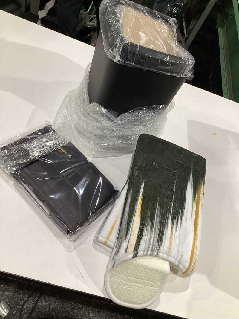 Condition photo showing Good Condition for Black Bathroom Accessories Set - 24PCS Bathroom Sets with Shower Curtain and Rugs,Waterproof Black and White Shower Curtain Set, Toilet Brush, Trash Can & Soap Dispenser Black2 Bath Set+Shower Curtain+Bath Rugs