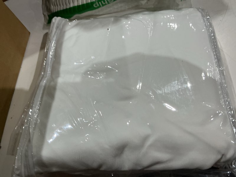 Condition photo showing Good Condition for ruffled bed skirt full size, white, 18 inch drop with split corners and platform, full size bed skirt with ruffles, lightweight 100% microfiber, wrinkle resistant, hotel quality dust ruffle