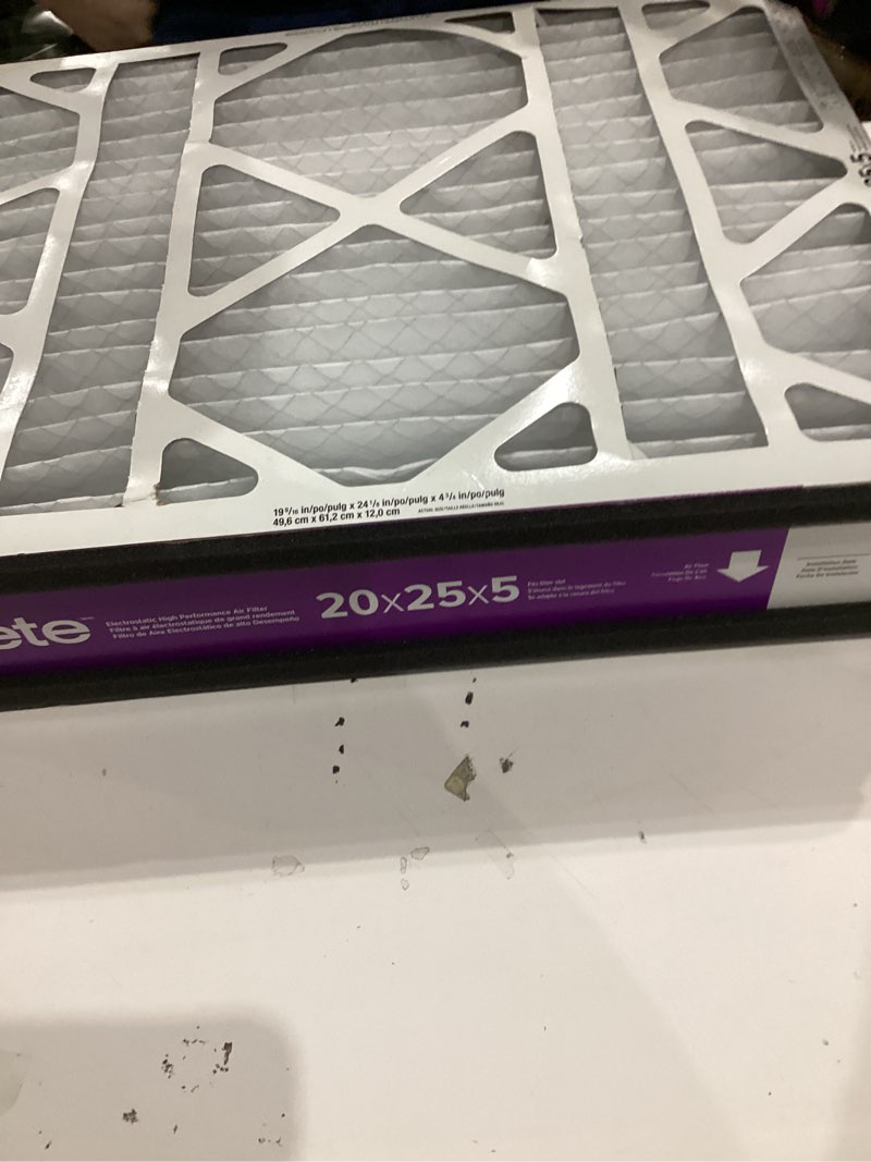 Condition photo showing As Is for filtrete 20x25x5 ac furnace air filter, mpr 1550, merv 12, fits trion airbear, certified asthma & allergy friendly, electrostatic air cleaning filter, 1-pack (actual size 19.56 x 24.13 x 4.75) 4.7" x 24.2" x 19.6"