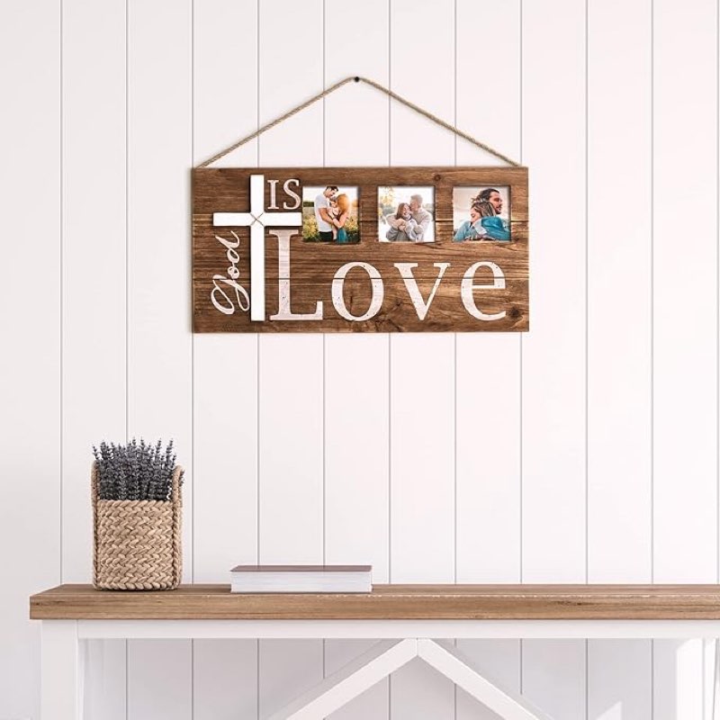 OKSQW Vintage Wood Wall Hanging Handmade Wall Plaque with Cross 4x4 wood picture frame Retro Farmhouse Wall Decor for Family Wedding Religion Baptism Gifts (Brown)