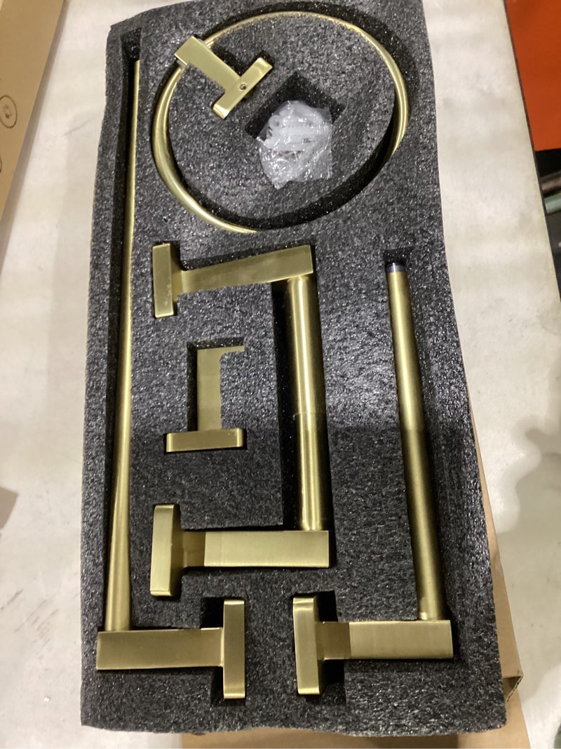Condition photo showing Good Condition for brusehd light gold bathroom hardware set 4 pieces,bathroom accessories set stainless steel wall mounted, hand towel bar, towel ring, robe towel hooks,toilet paper holder,towel bar set, 23.6 inch… brusehd light gold 23.6inch