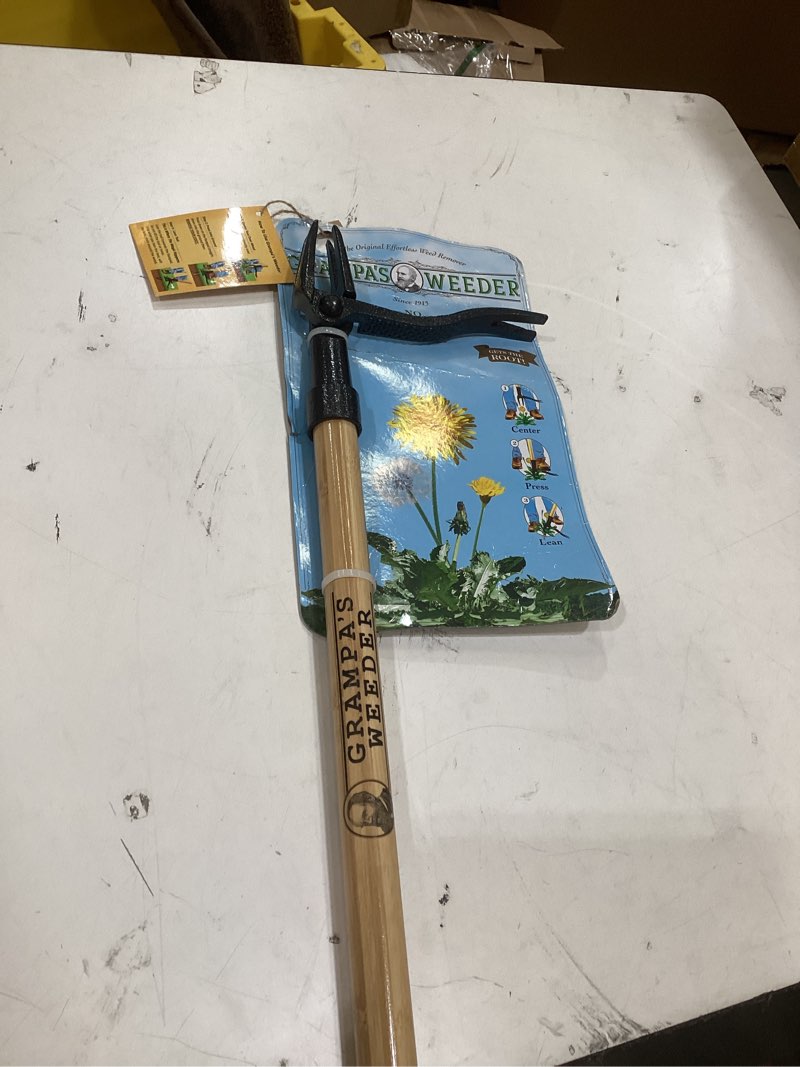 Condition photo showing New/Like New for grampa s weeder - the original stand up weed puller tool with long handle - made with 4-claw steel head design - easily remove weeds without bending  pulling  or kneeling