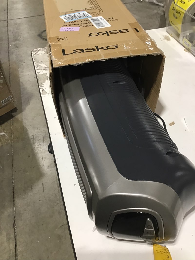 Condition photo showing As Is for Not tested. Lasko Oscillating Ceramic Tower Space Heater for Home with Adjustable Thermostat, Timer and Remote Control, 22.5 Inches, Grey/Black, 1500W, 751320