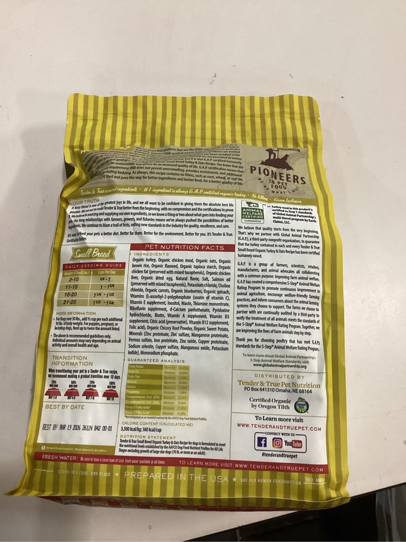 Condition photo showing New/Like New for Small Breed Organic Turkey & Oats (best by 03/19/2026)