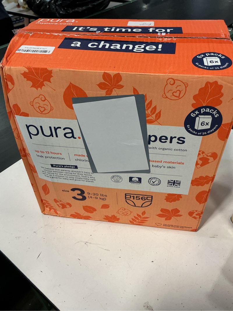 Condition photo showing New/Like New for pura hypoallergenic diapers, size 3 (9-20 lbs) monthly pack, overnight, up to 12 hours leak protection, suitable for sensitive skin, tcf, super soft organic cotton, 6 packs of 26 (156 baby diapers) size 3 156