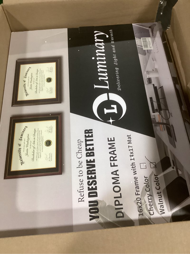 Condition photo showing New/Like New for luminary 16x20 wood diploma frame with 14x17 opening black mat for college degree certificate document, walnut color wooden frame with tempered glass panel for wall mount display black mat 16x20 for 14x17