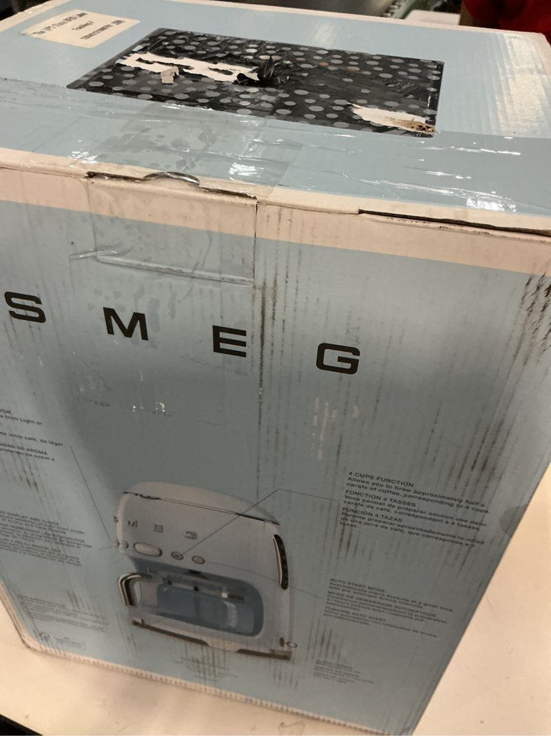 Condition photo showing Good Condition for smeg 50's retro style aesthetic drip coffee machine with 10 cup glass carafe, auto start feature, keep warm plate, and two coffee strength settings (pastel green) 10 cup pastel green