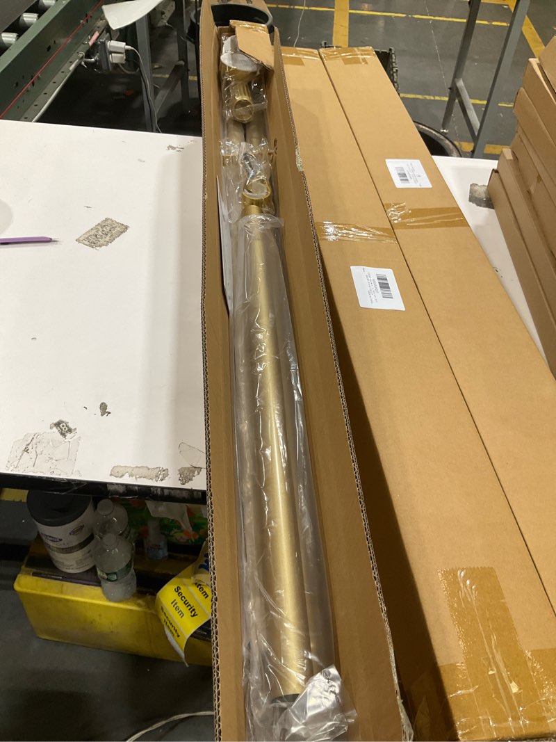 Condition photo showing Good Condition for tension curtain rod 42-126 inches, no drill adjustable spring tension rod, push button to lengthen & release to lock, heavy duty rust-resistant for window living room closet outdoor, gold gold 42" to 126"