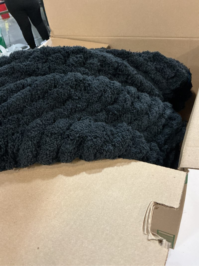 Condition photo showing As Is for YAAPSU Chunky Knit Throw Blanket for Couch, 51"x63", 100% Hand Knitted Thick Cable Knit with Cozy Jumbo Chenille Yarn, Soft Large Rope Knot Crochet Blankets for Sofa Bed Living Room Décor, Black Grey