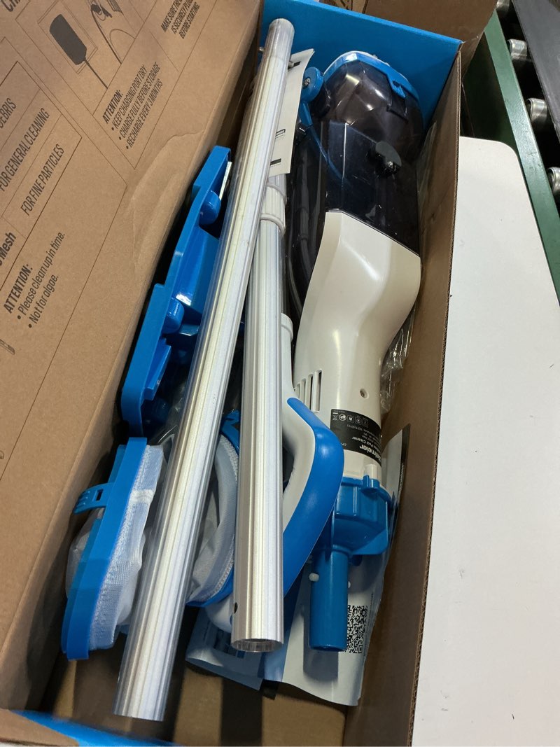 Condition photo showing As Is for bielmeier handheld pool vacuum with telescopic pole, updated swimming pool cleaner 19 gpm powerful suction, cordless pool vacuum for cleaning above ground pools, inground pools, spas, hot tubs
