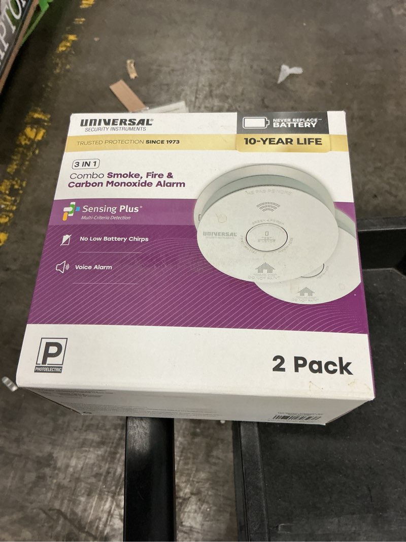 Condition photo showing New/Like New for universal security instruments 2-pack 10-year battery combination smoke and carbon monoxide detector with voice alarm and led warning light