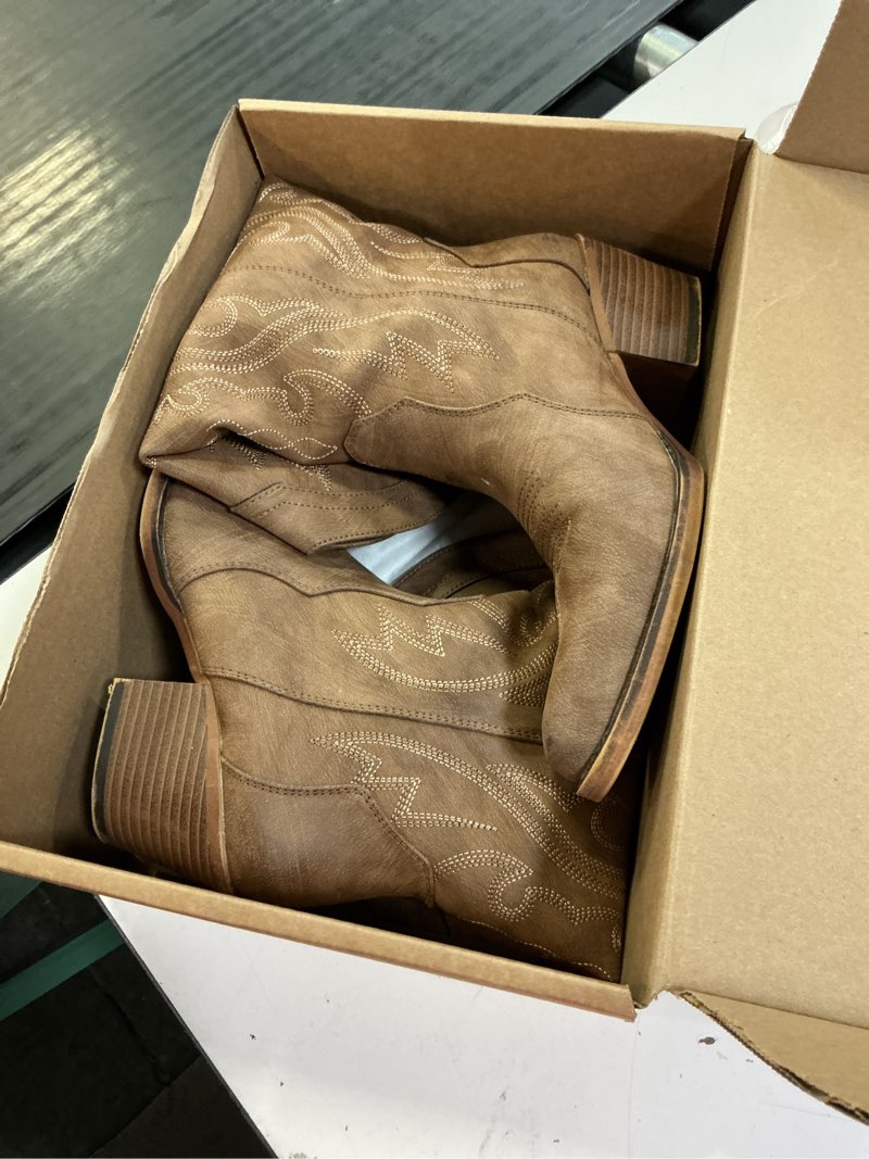 Condition photo showing Good Condition for iuv cowboy boots for women western cowgirl boots with chunky heel mid calf snip toe ideal for low insteps 7.5 brown