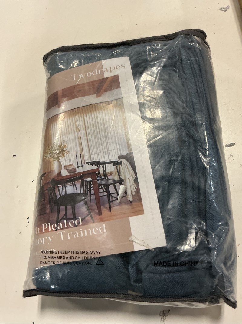Condition photo showing New/Like New for navy blue pleated linen curtains 96 inches long for living room 2 panel set semi sheer light filtering pinch pleat with rings hooks drapes boho farmhouse dark blue indigo curtain bedroom window