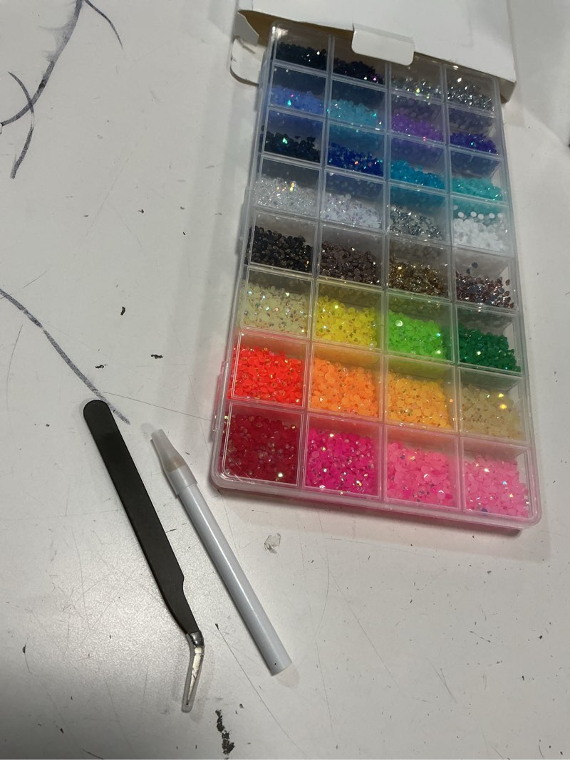 Condition photo showing Good Condition for 37000pcs 32 colors resin jelly rhinestones for bedazzling, 3mm multicolor flatback gems for crafting, bedazzler kit with 3pcs 10ml b7000 glue for clothes book shoes nails art makeup 32 color+ 3pcs glue 3mm