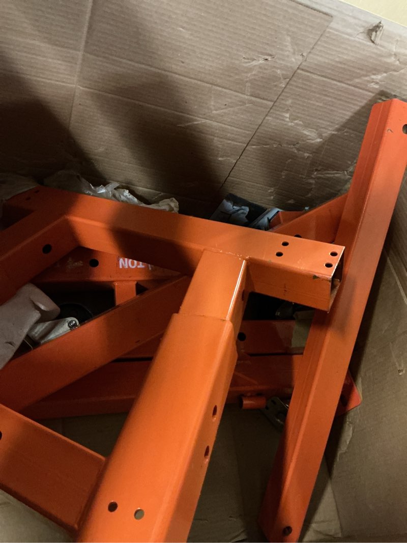 Condition photo showing As Is for 2-Ton Folding Engine Hoist Cherry Picker 4400 Lb Capacity Hydraulic Shop Crane with Telescoping Boom 6 Caster Wheels for Automotive Repair Garage Use Includes Hitch and Storage Stand Orange