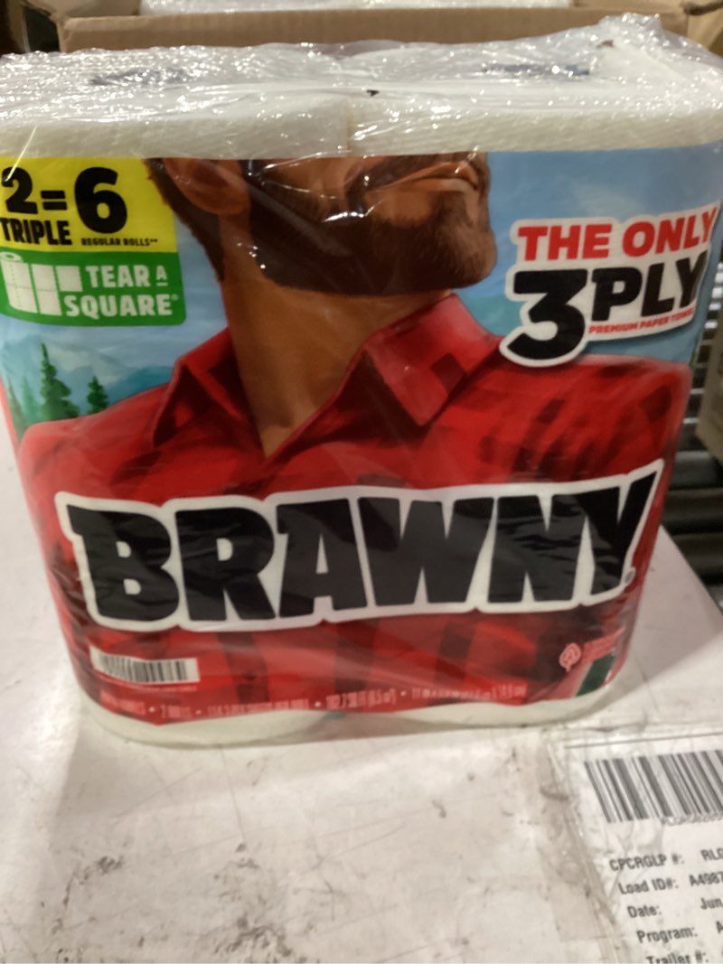 Condition photo showing New/Like New for brawny tear-a-square 3-ply paper towels, 2 triple rolls = 6 regular rolls, strong, absorbent, and durable with 3 sheet sizes (quarter, half, full) triple 2 triple rolls