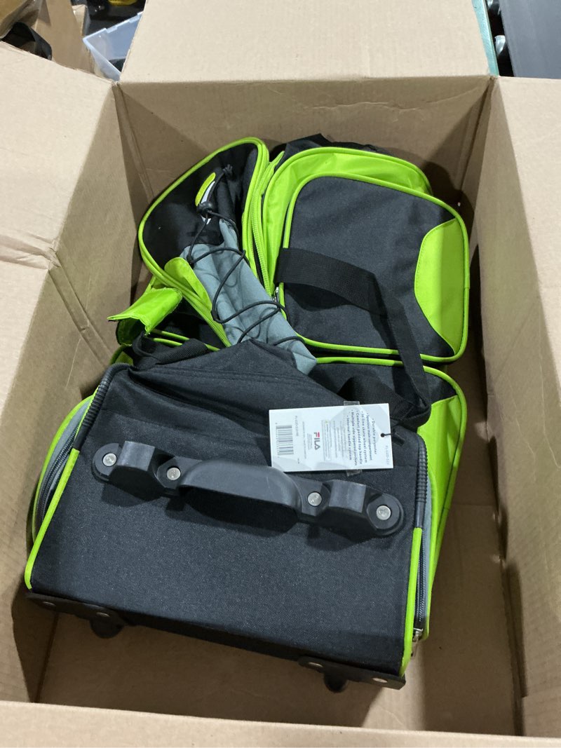 Condition photo showing As Is for fila 22" lightweight carry on rolling duffel bag, neon lime, one size