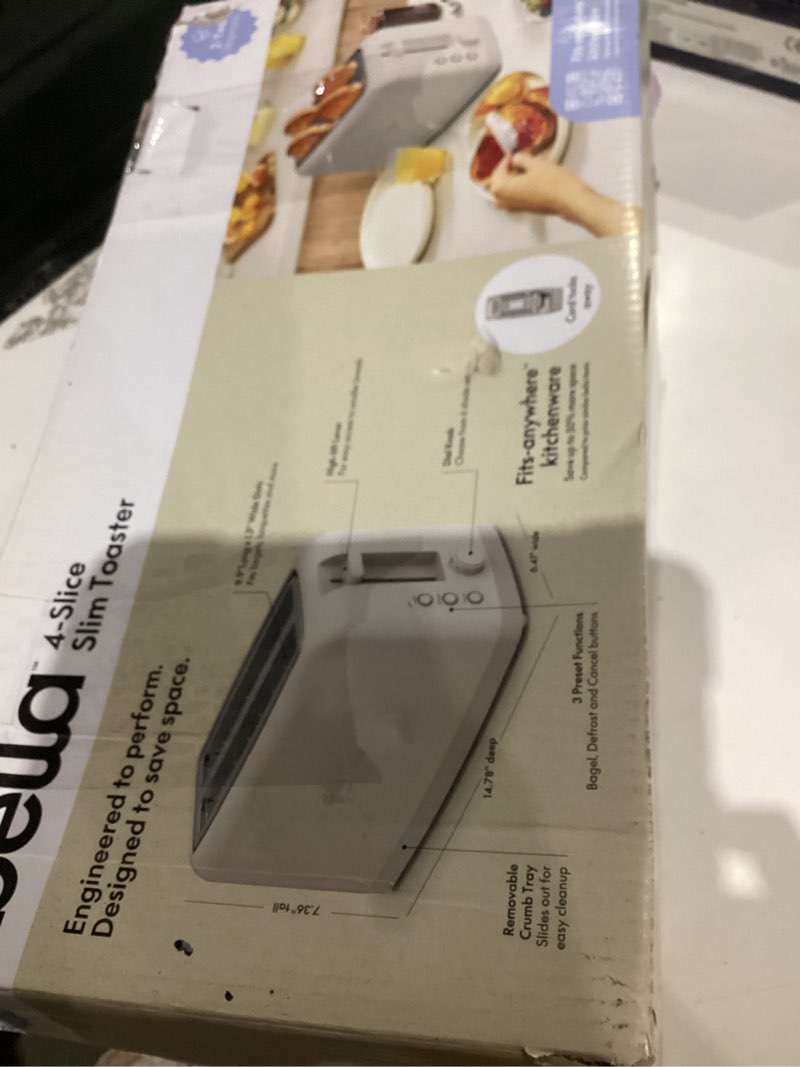 Condition photo showing As Is for bella 4 Slice Slim Toaster, Fits-anywhere™ Kitchenware, 6 Setting Shade Control with Reheat & Cancel Buttons, Fits Sourdough, 10” Long Slot, Anti Jam & Auto Shutoff, 900 Watt, Oatmilk 4 Slice Oatmilk