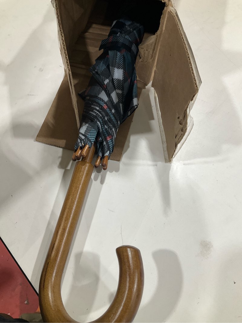Condition photo showing As Is for classic auto open umbrella with real wooden hook handle black plaid