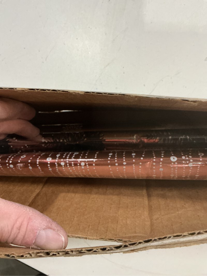 Condition photo showing As Is for Hallmark Foil Wrapping Paper with Cut Lines on Reverse (3 Rolls: 60 Sq. Ft. Ttl) Rose Gold, Silver Trees, Gold Snowflakes for Winter Weddings, Graduations, Valentine's Day Rose Gold, Silver, Gold