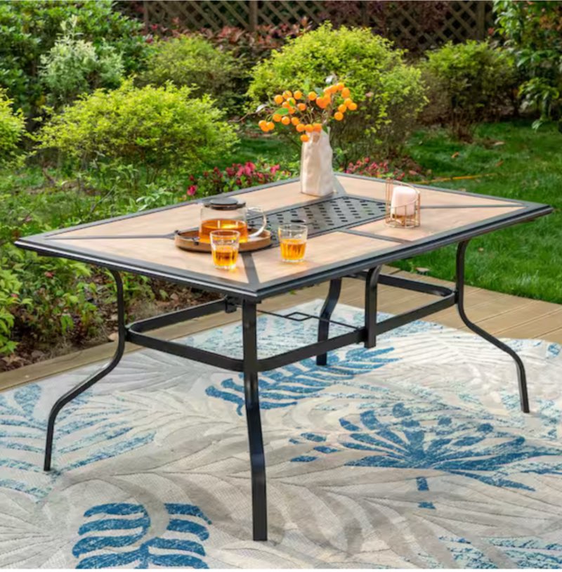 Black Geometric Rectangle Metal Patio Outdoor Dining Table with 1.57 in. Umbrella Hole and Wood-Look Tabletop