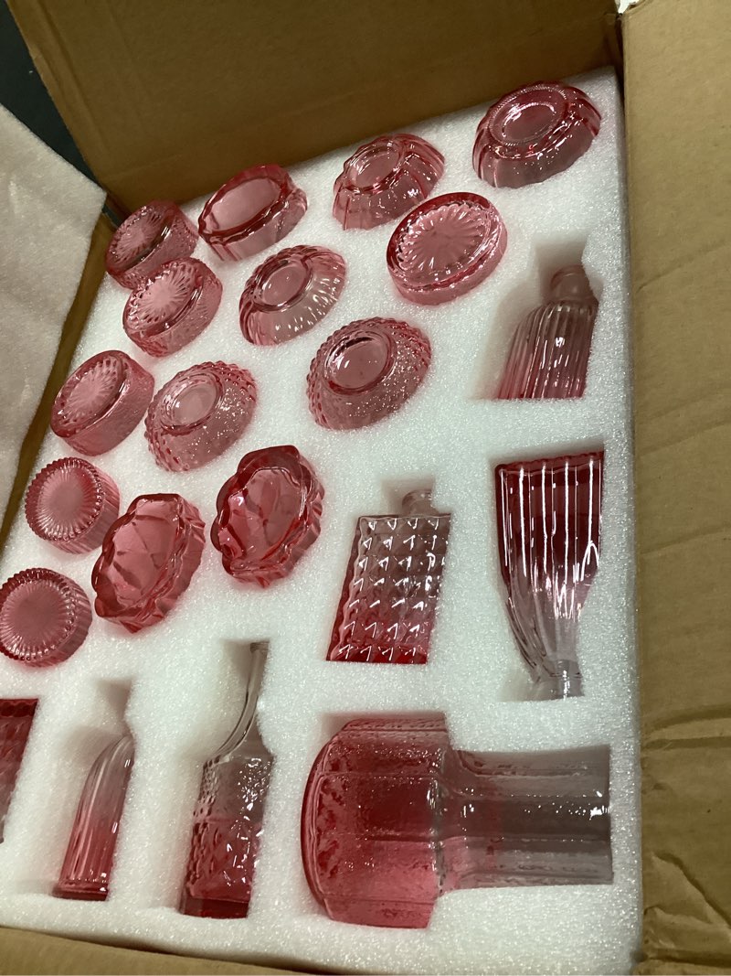 Condition photo showing Good Condition for 36pcs valentine's day bud vases set small vintage glass bottles pink bud vases in bulk multiple shape cute glass vases for rustic wedding centerpieces table decorations and home decor(pink)