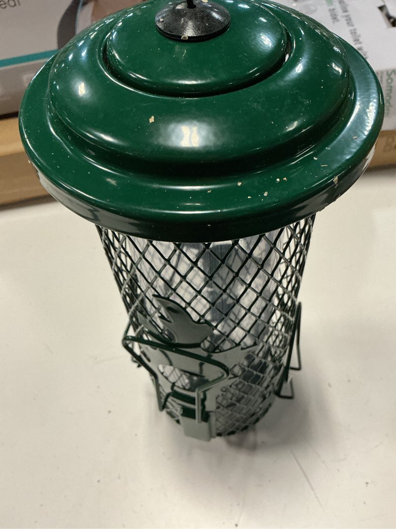 Condition photo showing As Is for gbekery squirrel proof bird feeder for outdoors hanging, metal mesh bird feeder for outsides with gravity protection for small birds, weatherproof and durable, green green cylinder