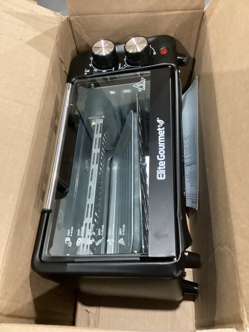 Condition photo showing Good Condition for Elite Gourmet ETO449 9L / 4-Slice Countertop Toaster Oven, Compact Design, 30-Min Timer, Adjustable Temp up to 450°F, 800W Quartz Heating, Drop-Down Crumb Tray, Bake, Broil, Toast, Black 4 Slice