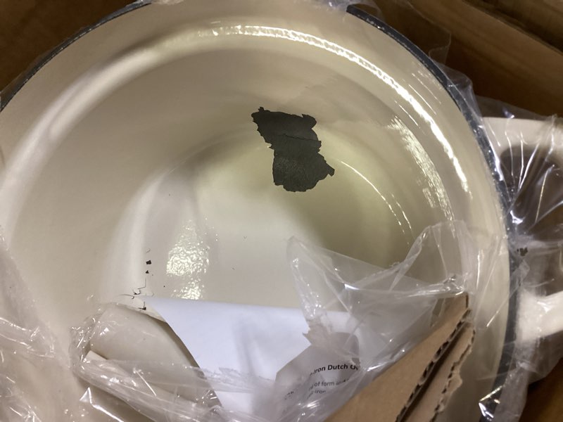 Condition photo showing As Is for cukor 7qt dutch oven pot with lid, enameled cast iron dutch ovens for sourdough bread baking, non-stick ceramic dutch oven cooking pot, oven safe, white (10 pcs bread paper liners) 7qt cream white