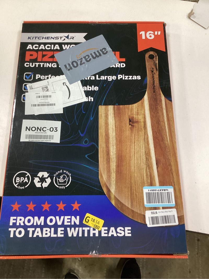 Condition photo showing New/Like New for KitchenStar 16-Inch Acacia Wood Pizza Peel – Extra Large Wooden Cutting & Serving Board with Handle – Natural Oil Finish – Ideal Pizza Oven Accessory for Easy Sliding & Prep 16 inch Wood