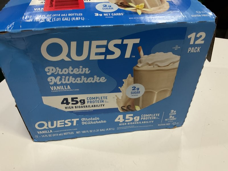 Condition photo showing New/Like New for (bbd 08/02/26)  quest nutrition protein milkshake, vanilla, 45g protein, 2g sugar, high protein, low sugar, gluten free, 1 count