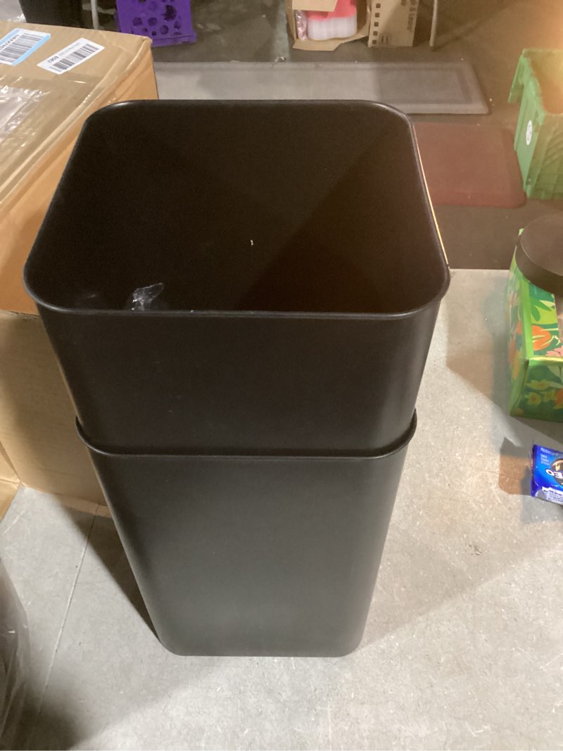 Condition photo showing Good Condition for Farmlyn Creek 2 Piece Rustic Style Wood Trash Can Set - Farmhouse Square Wastebasket Bins with Handles for Home or Office (Brown, Small & Large) - Rustic Bathroom Trash Can Set