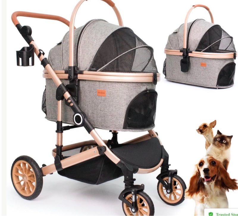 pet stroller with 4 wheels, foldable pet travel carrier for small/medium dogs cats up to 50lbs, detachble portable pet bag, storage basket, car seat 3 in 1 multifunctional (grey)