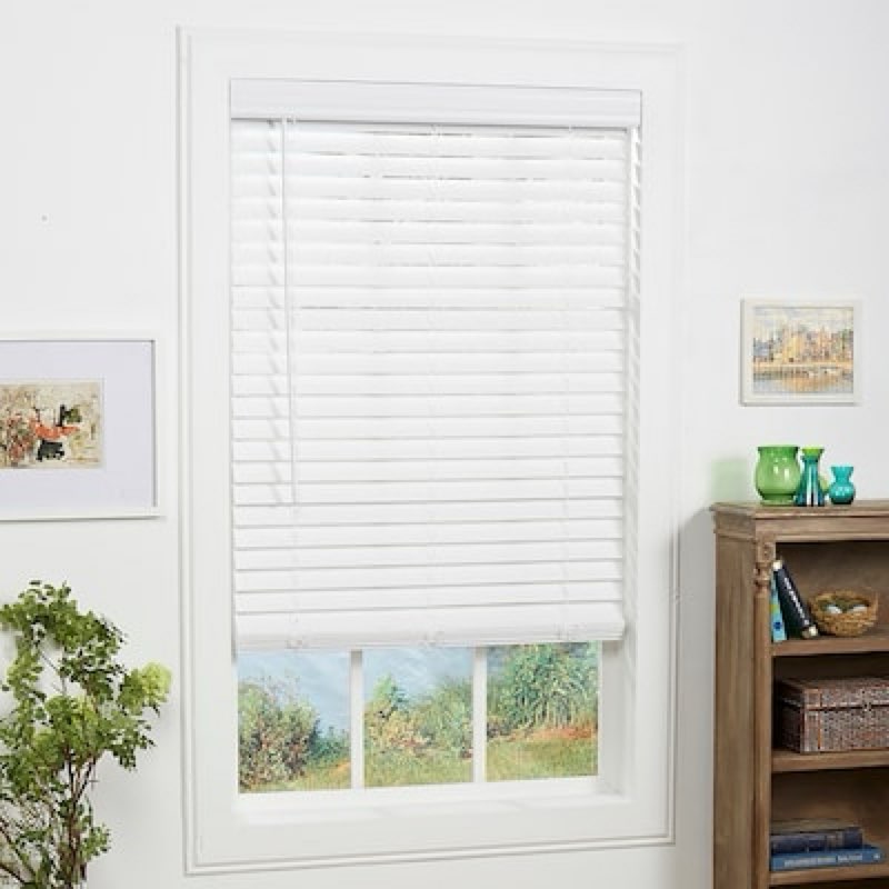 allen + roth trim at home 2-in slat width 32-in x 64-in cordless white faux wood room darkening full-view standard horizontal blinds