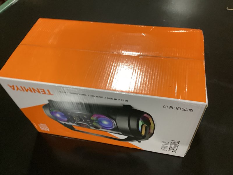 Condition photo showing Good Condition for portable bluetooth speaker with subwoofer, wireless speakers with booming bass, fm radio, rgb lights, eq, stereo sound, 10h playtime, 30w loud speaker for home, outdoor, party, travel, camping, gifts black orange