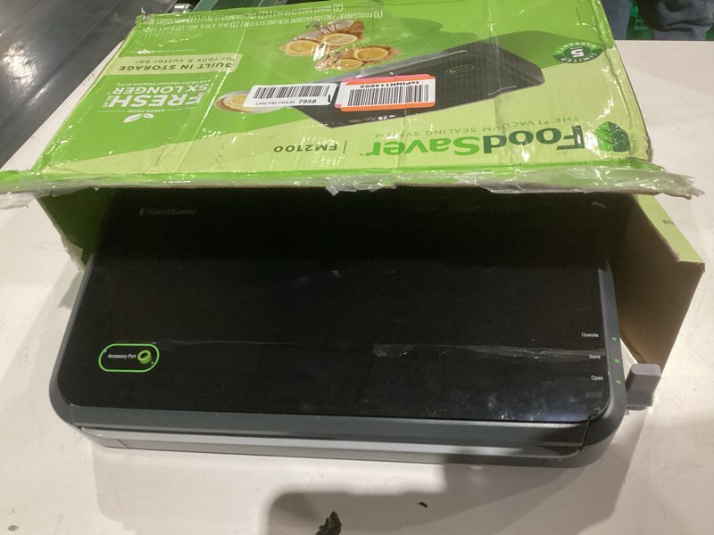 Condition photo showing As Is for foodsaver vacuum sealer machine, automatic bag detection, sous vide friendly, with sealer bags, roll, handheld vacuum sealer, black vacuum sealer + accessories