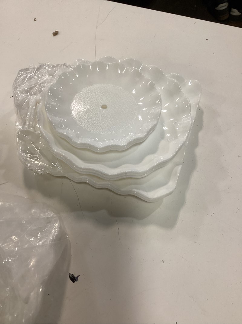 Condition photo showing As Is for pack of 11 nwk cake stand set, with 3 x two-tier and 3 x three-tier cupcake stands, 4 x appetizer trays, 1 x tablecloth for birthday bridal baby shower party (white)